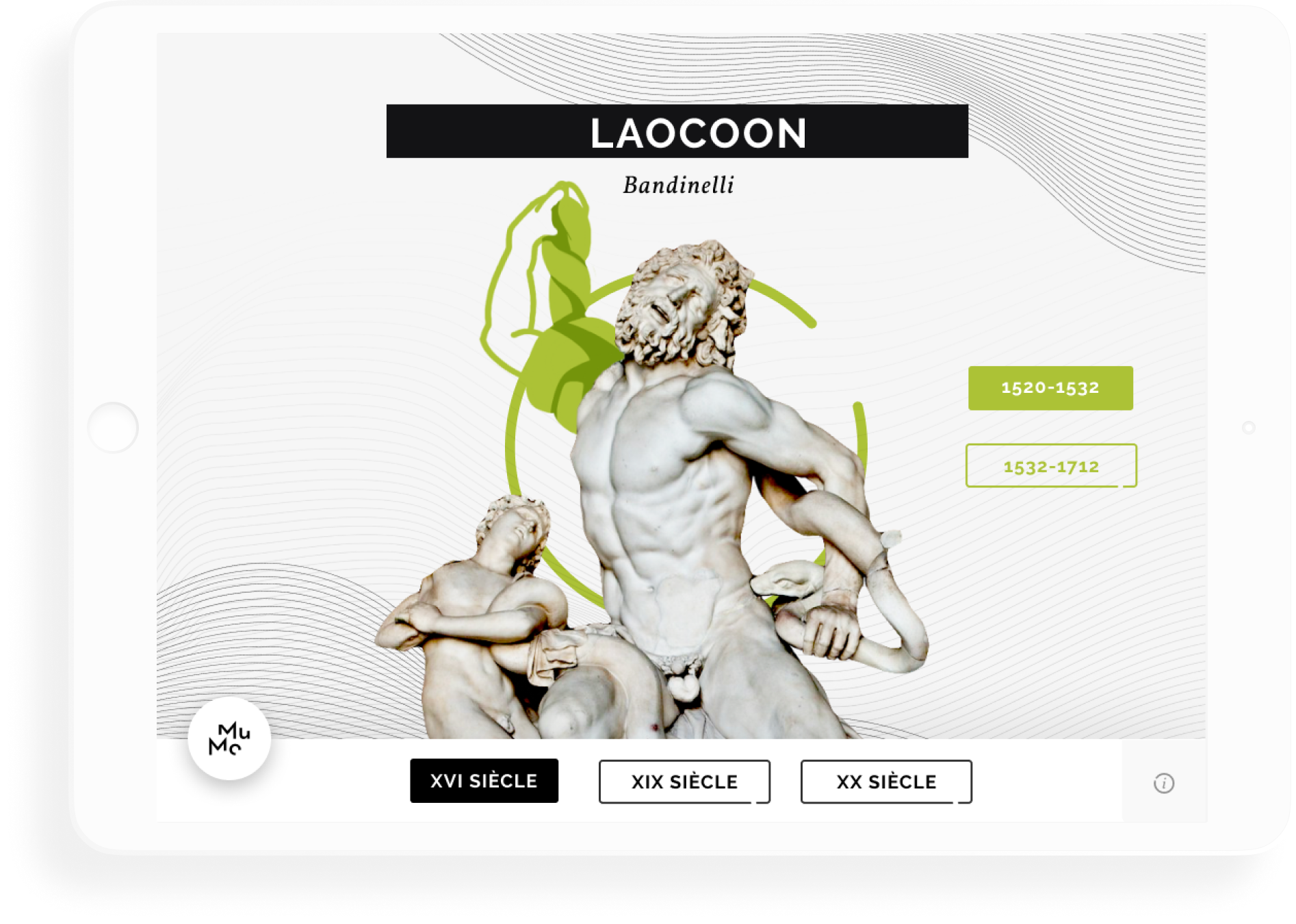 Ecran de l'oeuvre du laocoon sur l'application du Musée des Moulages de Lyon